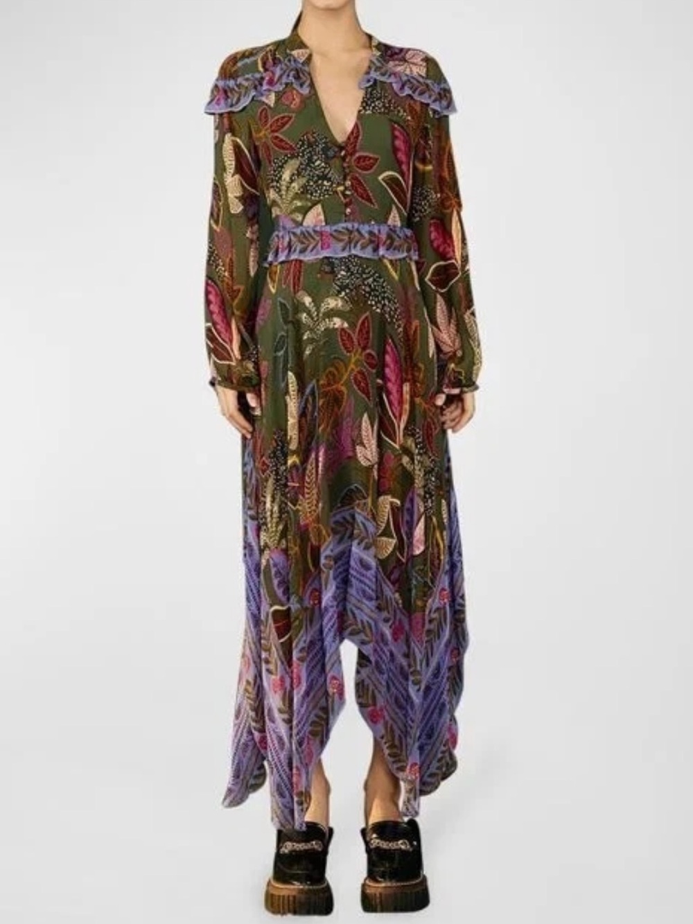 Farm Rio Green Wild Jungle Printed Handkerchief Midi Dress